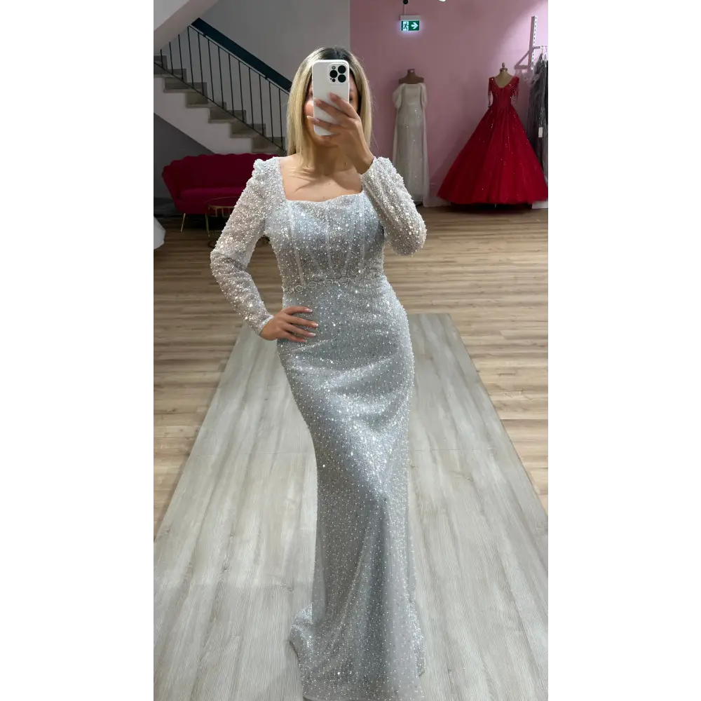 Abendkleid-Lina-Silber - 42