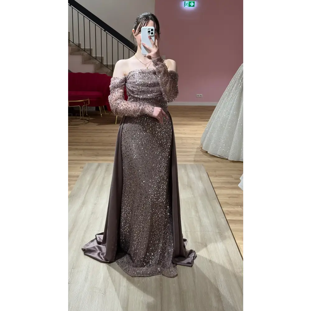 Abendkleid-Safira-taupe b￼ - Abendkleid