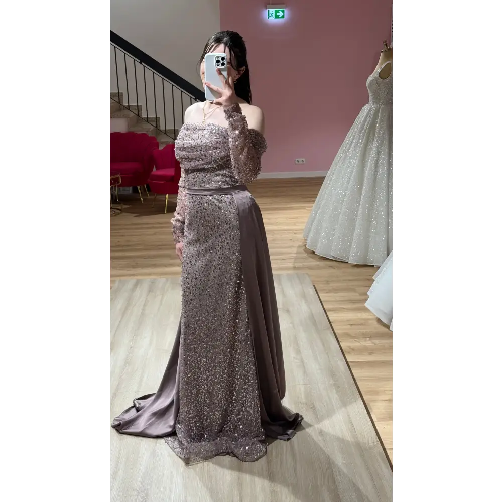 Abendkleid-Safira-taupe b￼ - Abendkleid