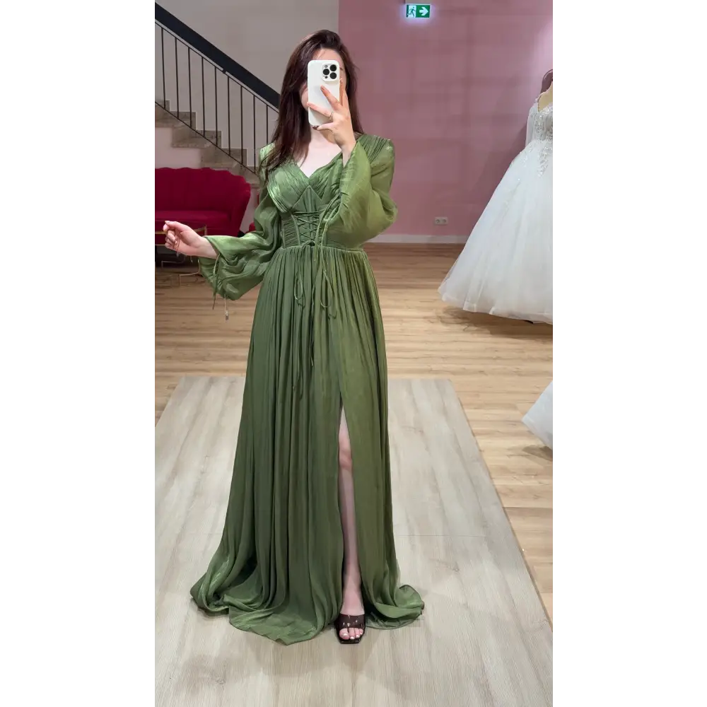 Abendkleid-Zaria-olivgrün - 38 - Abendkleid